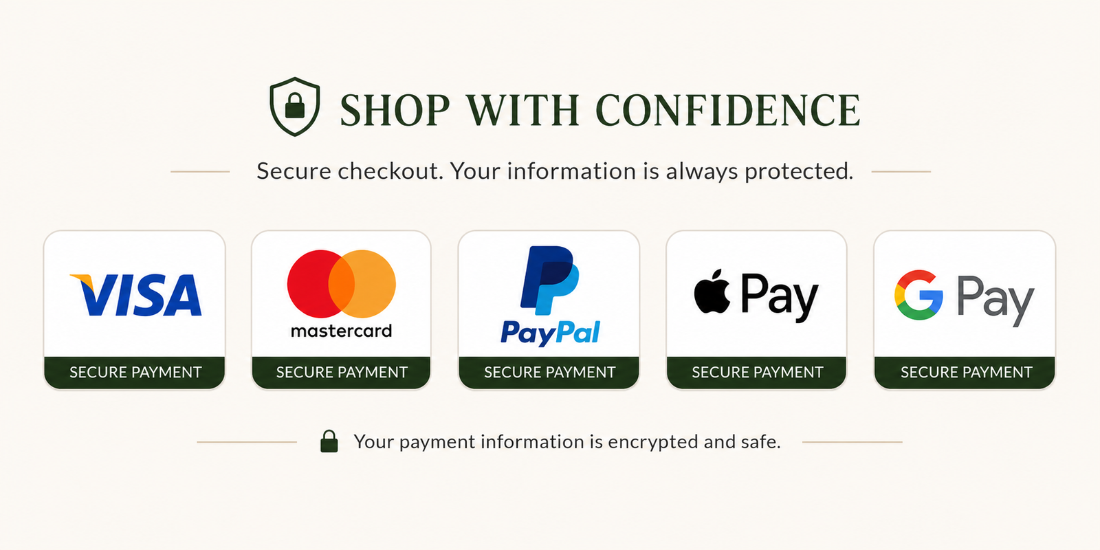 Shop with confidence — secure checkout with Visa, Mastercard, PayPal, Apple Pay and Google Pay. Your payment information is encrypted and safe.
